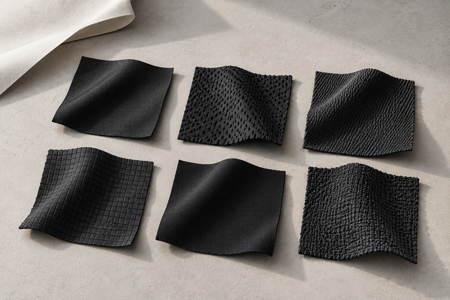 AI-generated conceptual illustration of six dark fabric swatches; not the actual trial materials