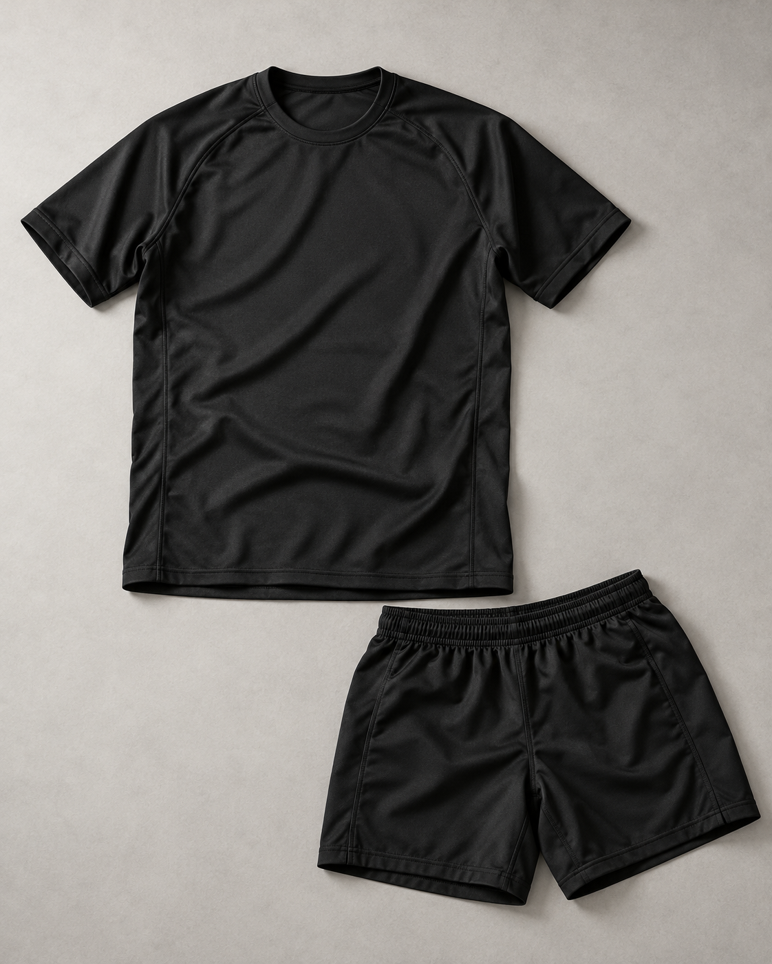 AI-generated editorial illustration of a plain black jersey and rugby shorts; not a T4N product photograph